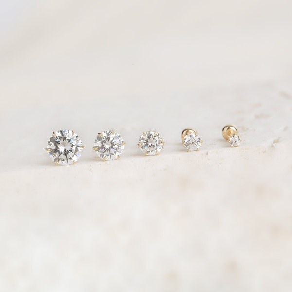 14K Solid Gold Moissanite 6 Crown 2,3,4,5,6mm Piercings, 14k Solid cubic screw back earrings, Round Cut Studs, Moissanite stud earrings