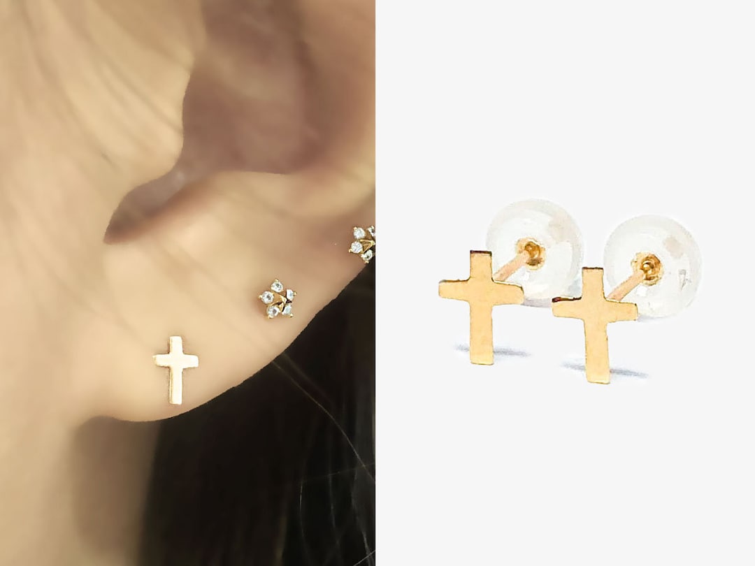 14K Solid Gold Cross Stud Earrings , Tiny Cross Earrings , Simple Stud