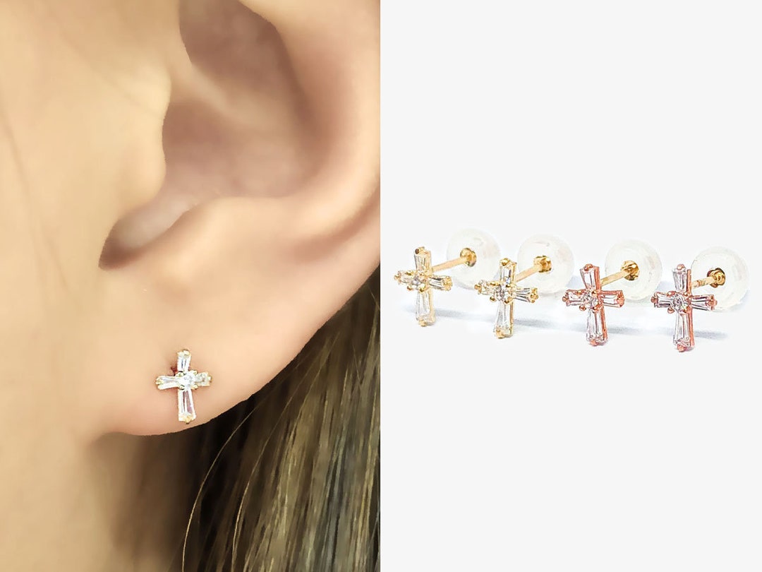 14k Solid Gold Cross Stud Earrings, Religious Earrings, Tiny White CZ