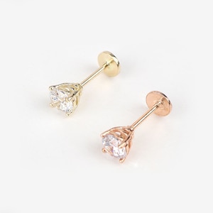 14k Solid Gold CZ Stud Earrings, Round CZ Stud Earring with Screw Flat Backs, Simple Real Gold Studs, Dainty Stud Earrings, Conch Flat Back