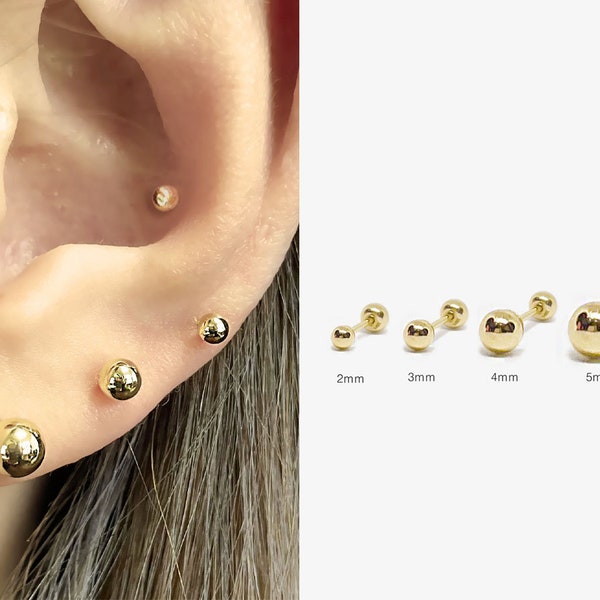 Boule en or massif 14K 2,3,4,5, mm, goujons vissés, boucles d’oreilles Gold Balls Piercing Stick Stud, boucles d’oreilles minimalistes en perles d’or, goujons Dainty Ball