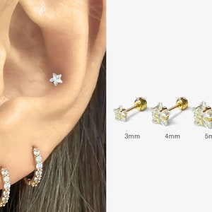 Brincos de pino de estrela de ouro maciço 14K, pinos de parafuso, brincos solitários de estrela de ouro, brinco de estrela de diamante, brinco de cartilagem helix tragus