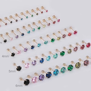 14k Solid Gold 2~6mm Birthstone Screw Back Earrings, Tiny CZ Piercing, CZ studs, tiny cartilage studs, helix studs, tragus studs, 20G/21G