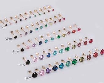 14k Solid Gold Birthstone CZ Screw Back Earrings, Tiny Piercing Studs (20G/21G)