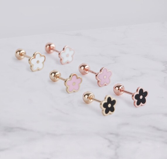 14k Solid Gold Flower Screw Back Earrings, Cartilage Gold Earrings