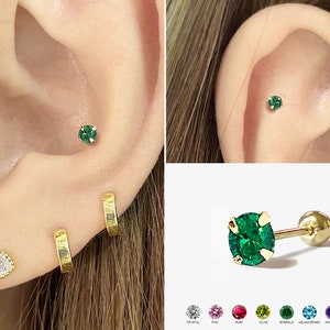 14k Solid Gold Emerald Stud Earrings, Screw Back Earrings, May Birthstone Studs, CZ Green Gem Piercing, Cartilage Stud, Tragus Studs