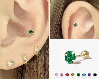 14k Solid Gold Kolczyki Szmaragdowe, Kolczyki Śrubowe, Kolczyki z Kamieniami Urodzinowymi Maja, Piercing z Zielonym Kamieniami CZ, Kolczyk do Chrząstki, Kolczyki Tragus