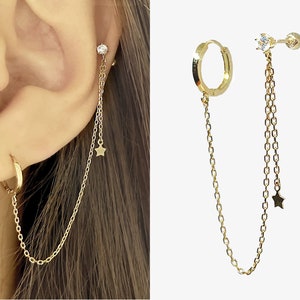 Orecchini a cerchio in oro massiccio 14k, orecchini a cerchio con catena 14k, orecchini a cerchio minimalisti Huggie, orecchini a catena a goccia, orecchini a doppio piercing