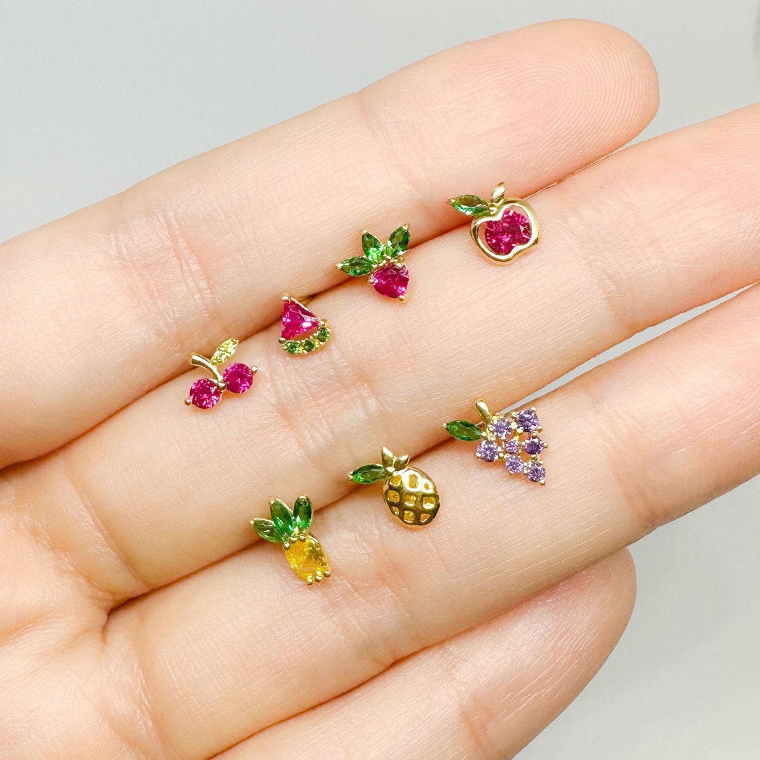 14k Solid Gold Fruits Screw Back Earrings, Fruit Gold Stud Earrings