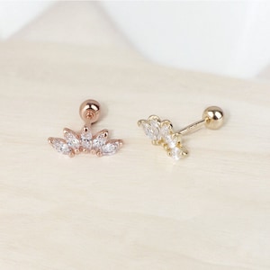 14k Solid Gold Leaf CZ Stud Earring, Marquise Stud Earring, CZ Crown Stud Earring, Five Marquise Stud Earrings, Marquise Screw Back Earrings