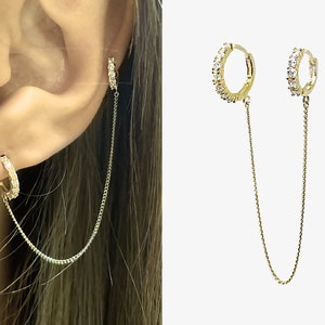 Orecchini a cerchio in oro massiccio 14k, orecchini a cerchio con doppio piercing, orecchini a cerchio doppio con catena, orecchini a cerchio con catena in oro, orecchini a cerchio in oro vero