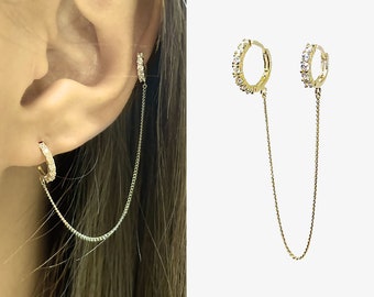 14k Solid Gold Hoop Earrings, Double Piercing Hoops, Double hoop earring with chain, Gold Chain Hoop Earrings, Real Gold Hoop Earrings