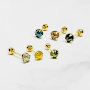 14k Solid Gold Four-Prong Rough Diamond Stud Earring, Birth Stone End Barbell Piercing, 14k Gold Natural Stone Screw Back, 21G, 6mm Post