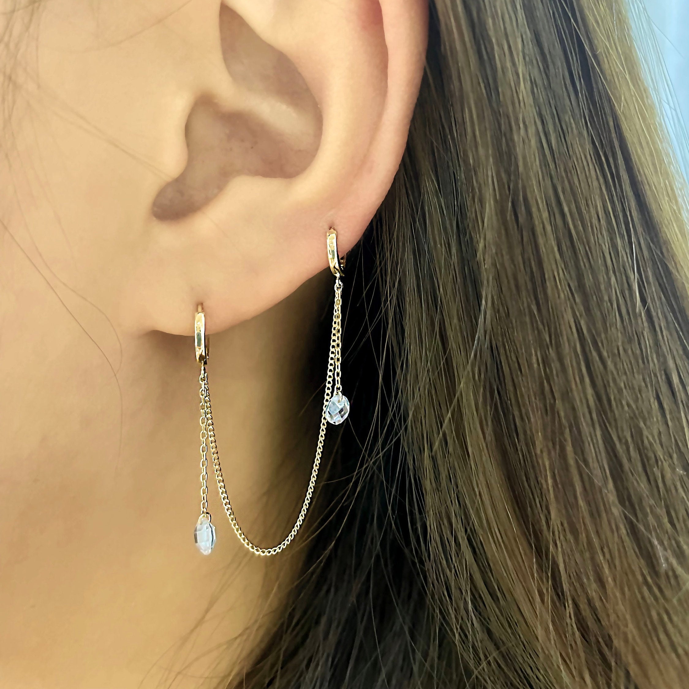 14K solid gold earrings 14K Gold Chain Earrings Double Etsy