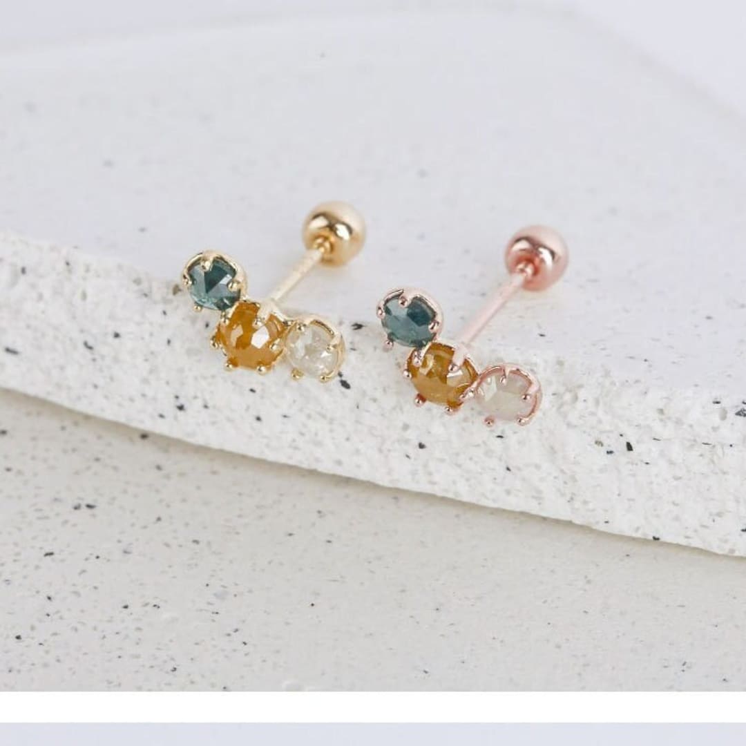 14K Solid Gold Rough Diamond Barbell Piercing, Screw Back Earrings