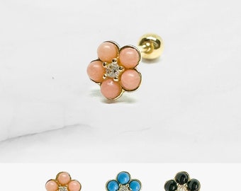 14K Solid Gold Pink Flower Stud Earrings, Tiny Flower Conch Piercing, 20G Cartilage Earrings, Helix Stud, Tragus Stud, Screw back earring