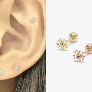 14K Solid Gold Flower Stud Earrings, Flower Cartilage Daith Helix Tragus Conch, Tiny Zirconia Flower End Barbell Piercing, Post Real Gold