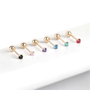 14k Solid Gold Tiny Birthstone Stud Earrings, CZ Dainty Earrings, Gold Studs, Small Stud Earrings, Minimalist Earrings, Screw Back Earrings