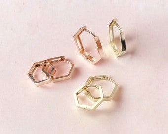 14k Solid Gold Hexagon Hoop Earrings,  Honeycomb Hoop Earrings, Geometric Earring, Hexagon Hoops, Huggie Hoop Earring, Small Hoop Earrings