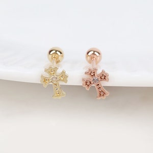 14K Solid Gold Tiny Cross Screw Earrings, Tiny Stud Yellow Gold Earrings, Cross Tragus Piercing, Dainty Cartilage Earring, Minimalist Cross