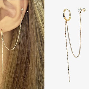 14K Solid Gold Hoop Earrings, Hoop with Chain Stud Earring, Double Piercing Gold Chain Hoop Earring, Huggie Hoop Earring, Minimalist Earring
