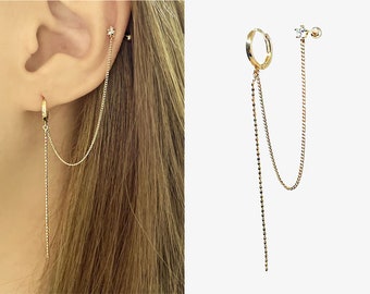 14K Solid Gold Hoop Earrings, Hoop with Chain Stud Earring, Double Piercing Gold Chain Hoop Earring, Huggie Hoop Earring, Minimalist Earring