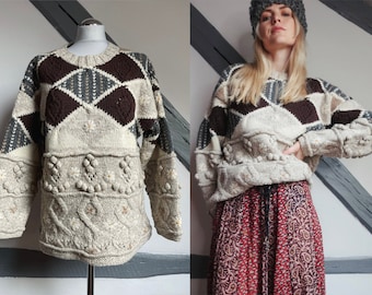 Vintage Stefanel Wollpullover 3D Stickerei Blumen chunky knit