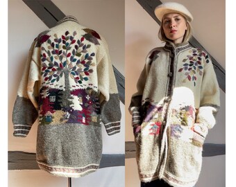 Cardigan tricoté à la main de style Dobrila avec broderie et poches en laine épaisse