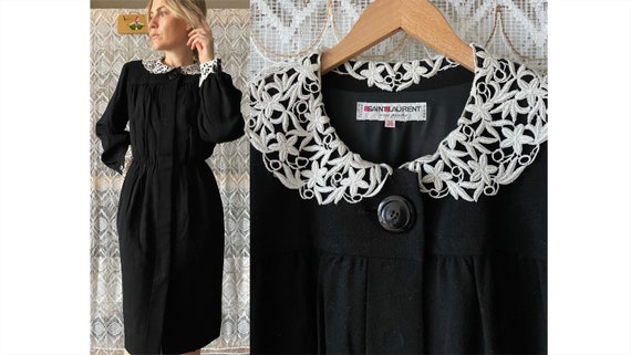 80s Yves Saint Laurent Rive Gauche Dress Wool Crepe Black Lace - Etsy 