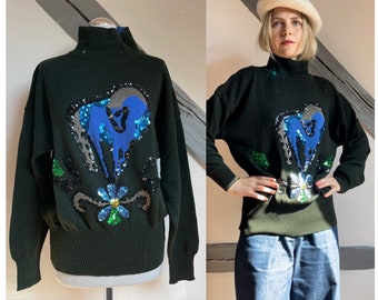 80s Escada Pailletten Wollpullover 'Blue Horse'