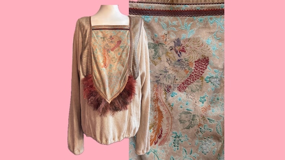 Roberto Cavalli, 70er Roberto Cavalli Pullover Baumwolle Seide Leder Federn Boho Phönix