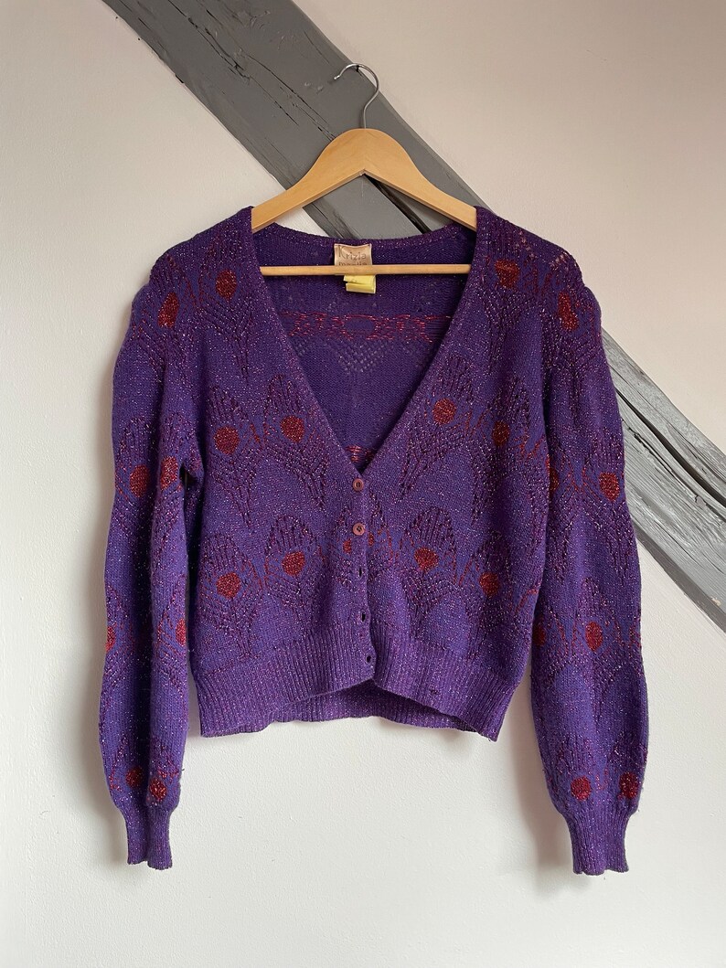 Cardigan Krizia des années 80 plumes de paon lurex violet image 5