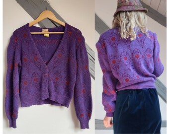 80s Krizia Cardigan Peacock Feathers Lurex Purple