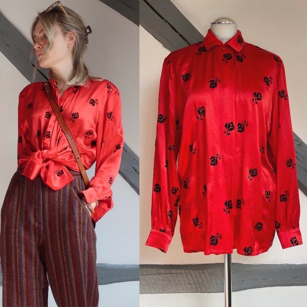 80s Escada Bluse rot Rosen Samt