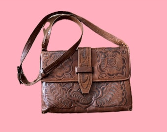 Borsa in pelle lavorata anni '70* Messico Floreale Hippie Boho Pelle goffrata