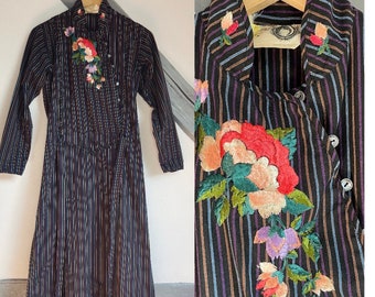 Rare robe chemise à rayures en coton Kenzo Jap des années 70 broderie à collectionner