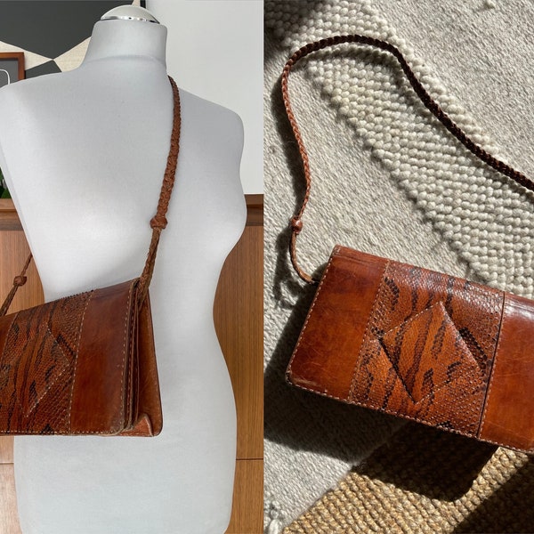 70s leather shoulder bag snakeskin hippie boho