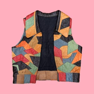 Chaleco de cuero patchwork estilo años 70* Talla XS Estilo hippie bohemio