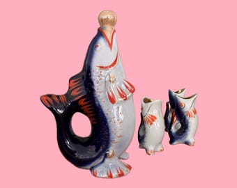 70s SOWJETISCHE FISCHKARAFFE* ikonische Fischkaraffe mit passenden Schnapsgläsern in Fischform Porzellan Ukraine