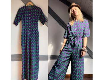 Knalliger Vintage Jumpsuit Lila Grün 70s Handarbeit Baumwolle