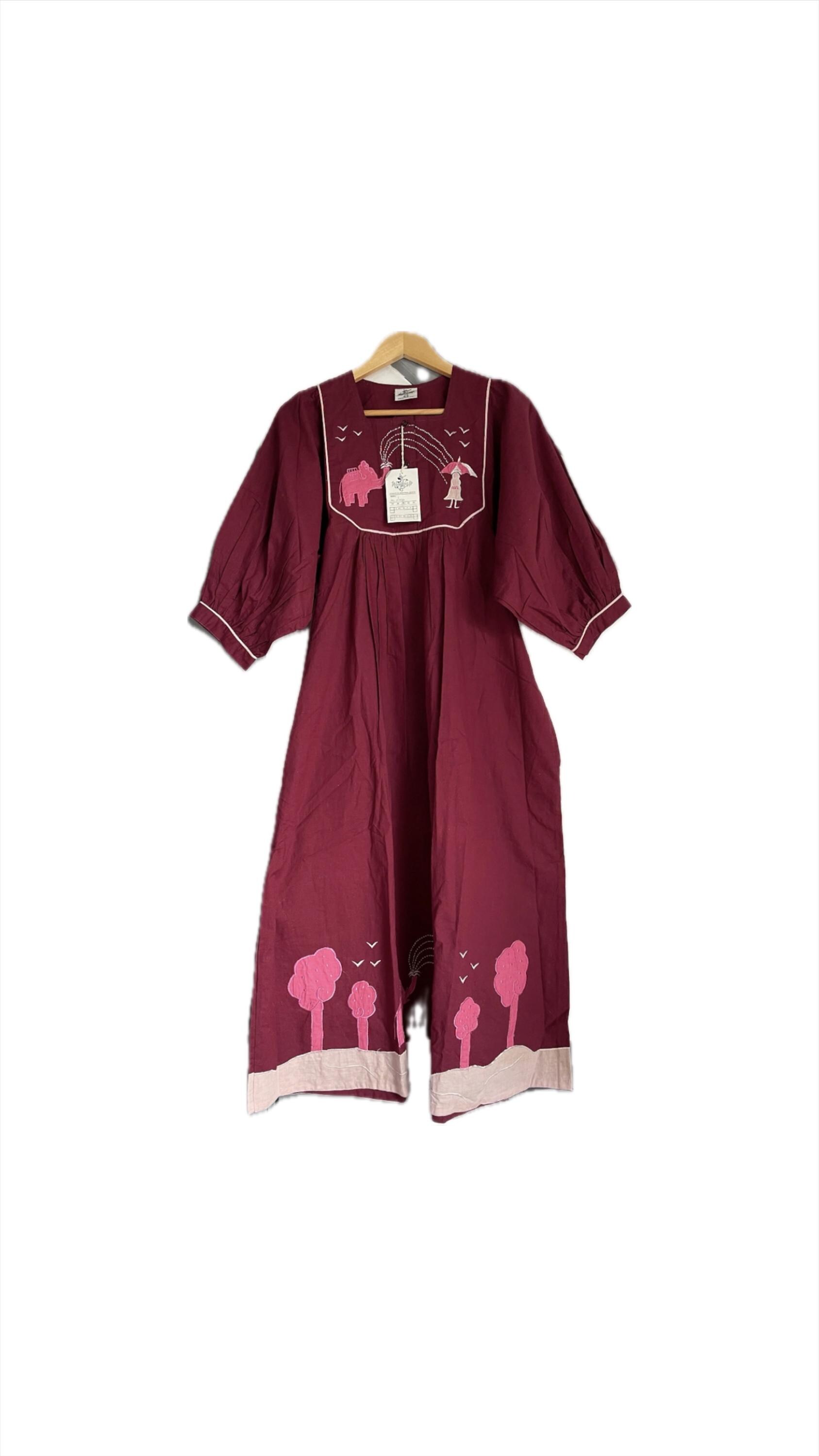 Cute 70s Indian Cotton Deadstock Dress with Embroidery Elephant with Umbrella Nauvkraft