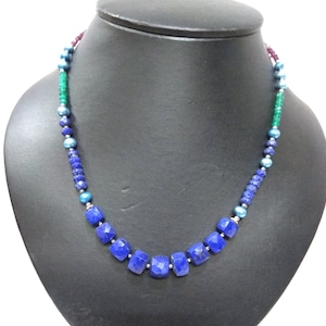 Necklace Lapis Lazuli Gemstone Jewelry Beaded, Garnet-Green Onyx Mix Pearl Stones, AAA Natural Lapis Lazuli Beaded Necklace 925 Silver CD19