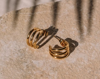 Triple Hoop Dangle Earrings Gold, 18 Carat Gold Plated Hoops Small, Waterproof Earrings Stainless Steel, Hypoallergenic Hoop Earrings Boho