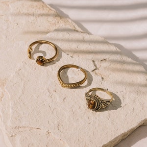 Boho Rings with Stone Adjustable, Boho Ring Set Gold, Tiger Eye Ring, Moon Ring Brass Ring with Stone, Gemstone Ring, Adjustable Rings image 1