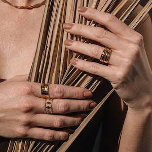 3er Boho Ring Set, 18K Vergoldete Ringe Wasserfest, Breiter Stapelring Edelstahl, Gehämmerter Zeigefingerring, Boho Geschenk Schmuck Set
