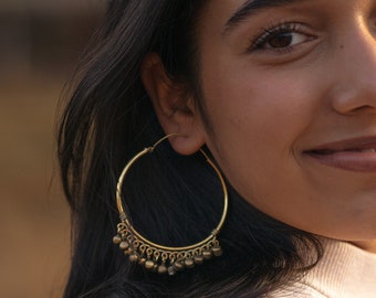Large hoop earrings with pendants, hippie earrings boho festival, boho earrings hoop earrings Indian, brass hoop earrings ethno boho, big bell earrings