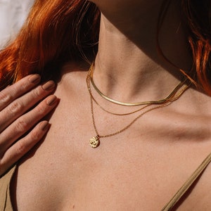 Layered Gold Necklace Herringbone, Hammered Round Pendant Necklace Gold Disc, 18K Gold Plated Snake Necklace Waterproof, Boho Necklace Layer Entire Necklace Set