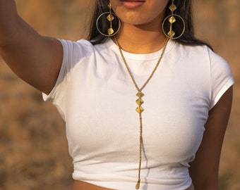 Y chain long, back chain, Y shaped necklace, boho necklace and earrings, statement necklace long with gold pendant, brass jewelry