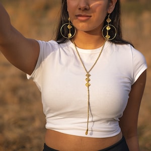 Collier Y long, chaîne arrière, collier en forme de Y, collier et boucles d&#39;oreilles boho, collier de déclaration long avec pendentif en or, bijoux en laiton