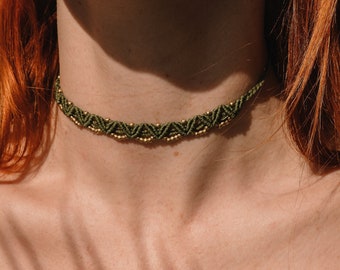 Macrame Choker Green, Necklace Boho Hippie, Macrame Necklace, Boho Choker Thin, Macrame Necklace Green, Necklace Tight, Boho Jewelry Chain